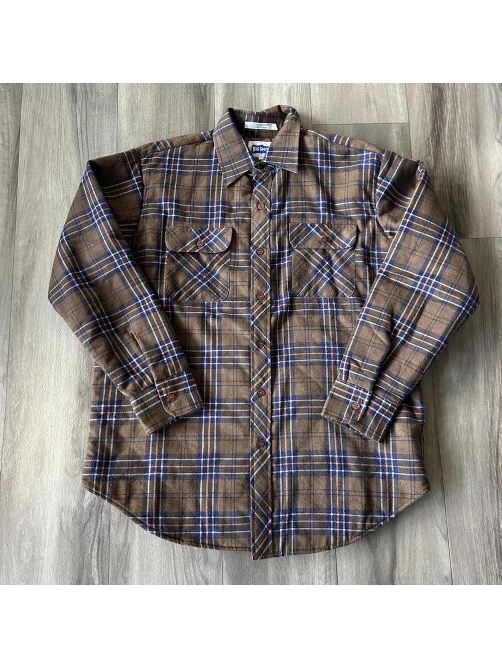 Vintage 90’s Brown Blue Plaid Button Up‎ Flannel Big Smith L